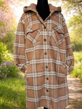 torrid Tan and Dusty Rose Plaid Sherpa-Lined Hooded Shacket